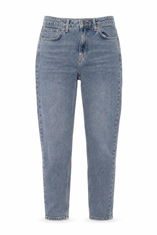 Front view of Topshop women’s blue cotton mom jeans, size UK 28, in, 26-inch leg regular button