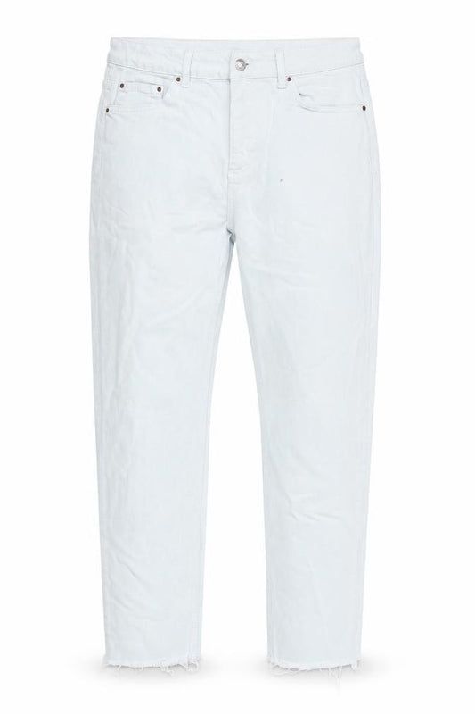 Front view of Topshop women’s blue cotton mom jeans, size UK 30, in, 32-inch leg regular zip - raw hem