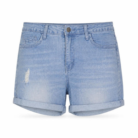 Front view of News women’s blue cotton boyfriend shorts, size UK 10, regular zip - distressed