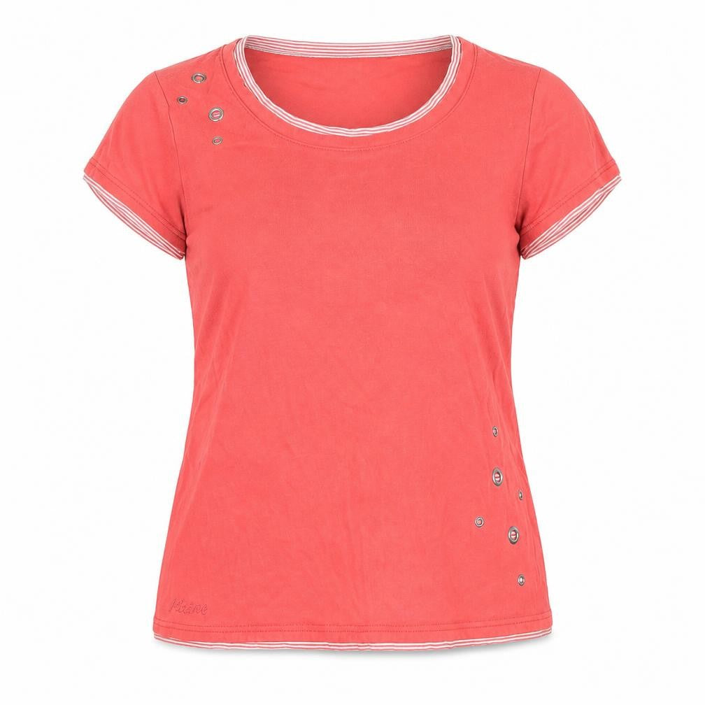 Front view of Maine New England women’s red cotton basic blouse, size UK 16, round neck - eyelet detail