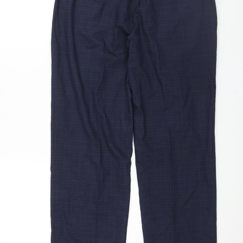 Marks and Spencer Mens Blue Check Polyester Trousers Size 34 in L31 in Regular Zip