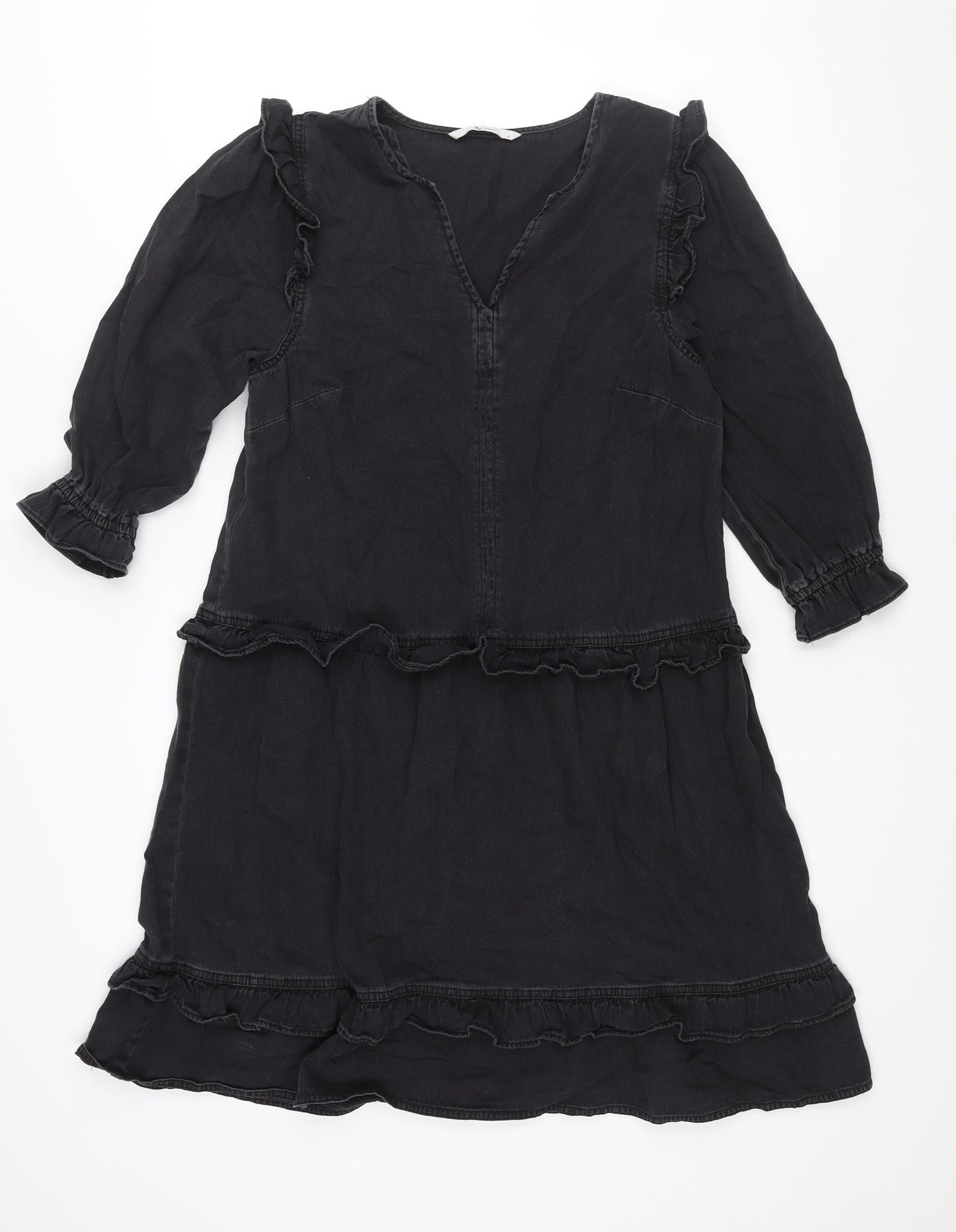 TU Womens Black Cotton A-Line Size 12 V-Neck Pullover - Smocked Frill