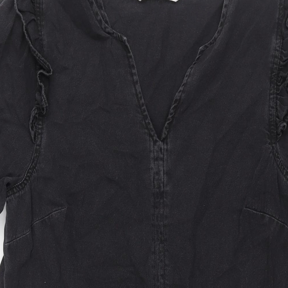 TU Womens Black Cotton A-Line Size 12 V-Neck Pullover - Smocked Frill