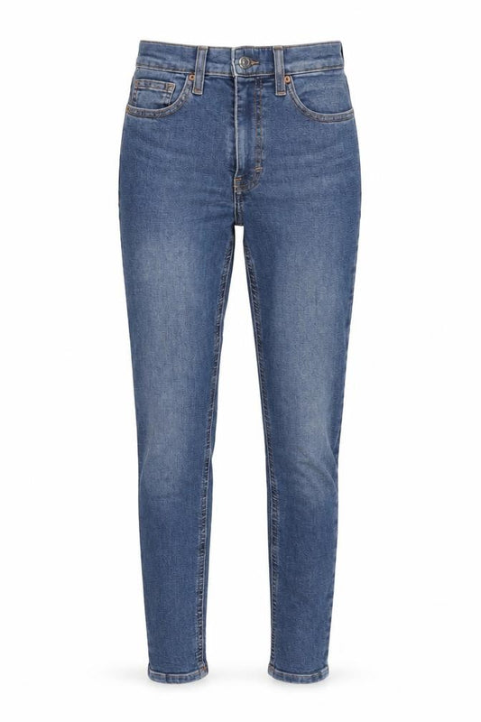 Front view of Topshop women’s blue cotton skinny jeans, size UK 24, in, 32-inch leg regular zip