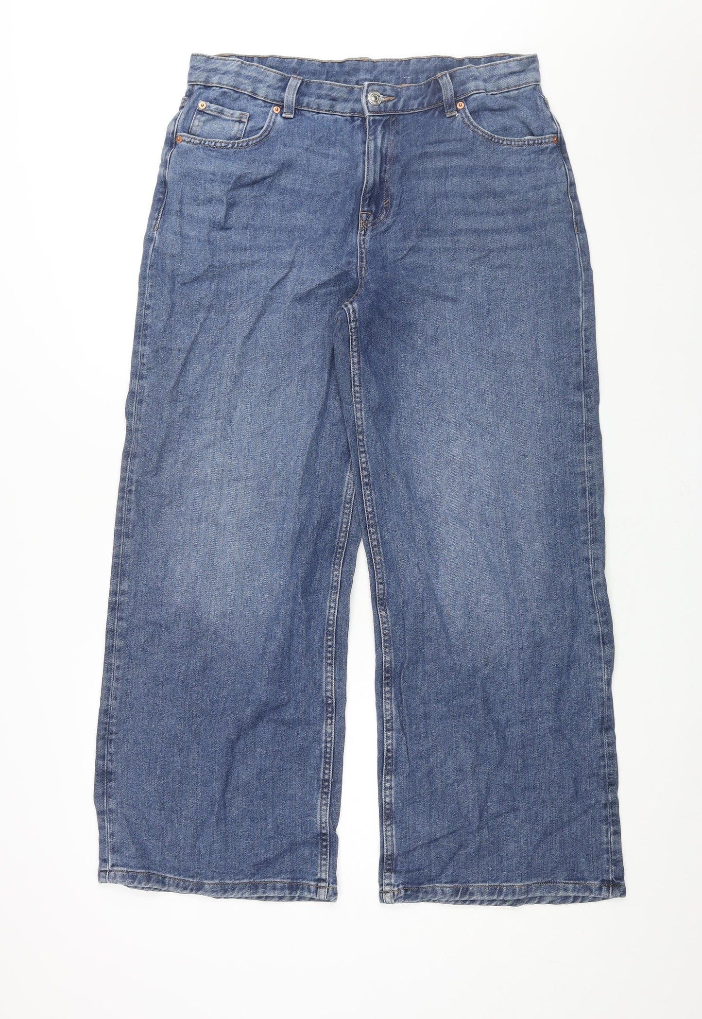 Marks and Spencer Womens Blue Cotton Wide-Leg Jeans Size 14 L30 in Regular Zip