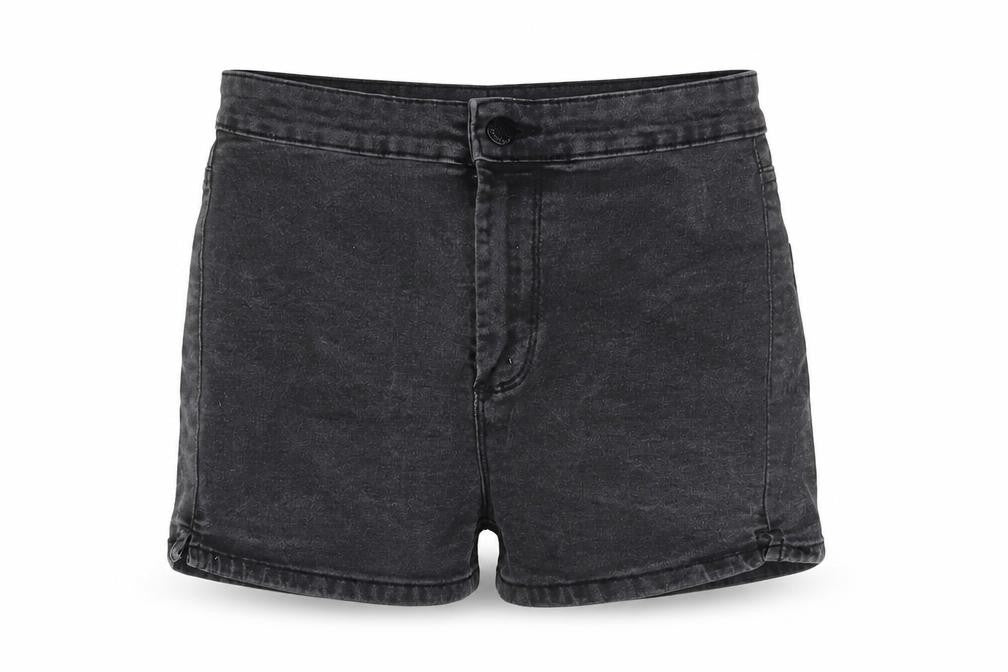 Front view of Denim & Co. women’s grey cotton basic shorts, size UK 8, 3-inch leg regular zip