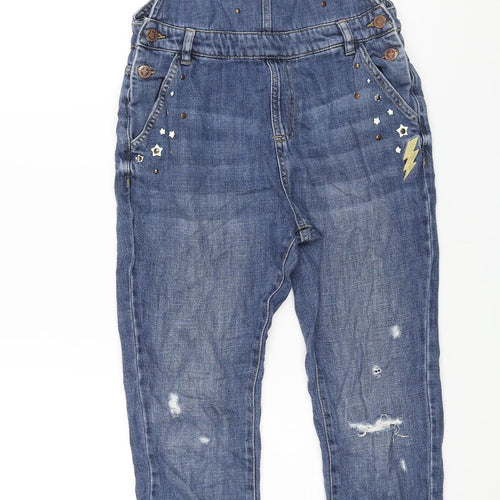 Marks and Spencer Girls Blue Cotton Dungaree One-Piece Size 11-12 Years L26 in Button - Distressed Star Lightening Detail