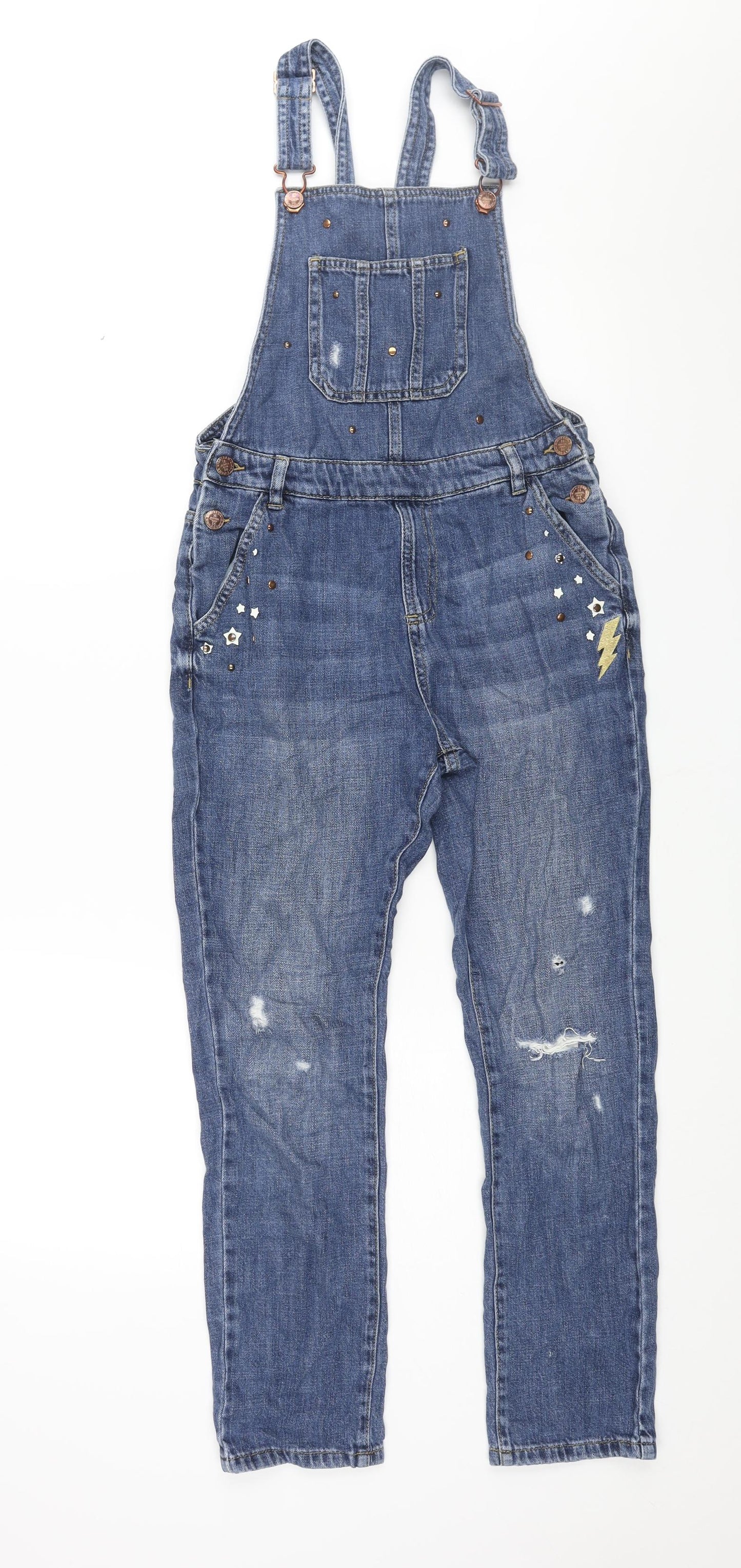 Marks and Spencer Girls Blue Cotton Dungaree One-Piece Size 11-12 Years L26 in Button - Distressed Star Lightening Detail