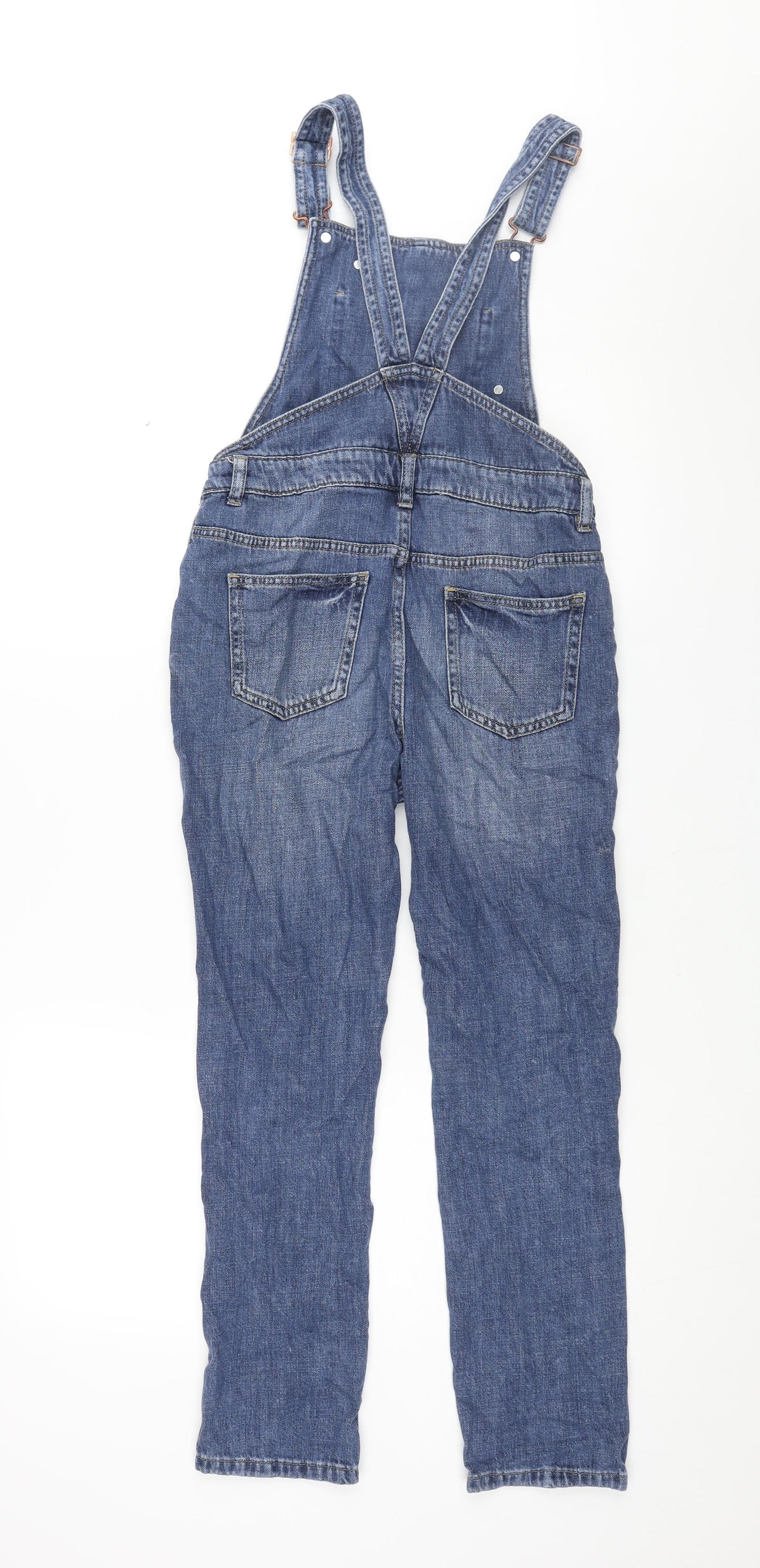 Marks and Spencer Girls Blue Cotton Dungaree One-Piece Size 11-12 Years L26 in Button - Distressed Star Lightening Detail