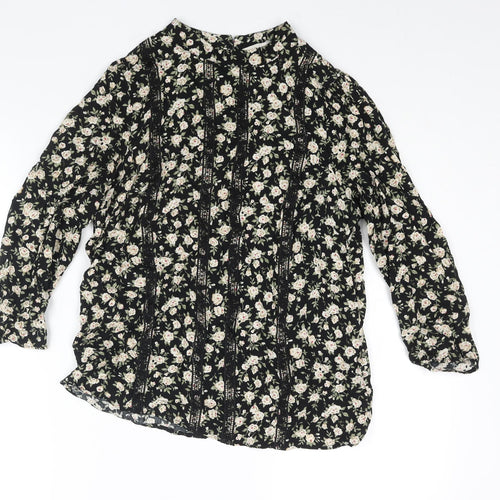 Oasis Womens Black Floral Viscose Basic Blouse Size 10 Mock Neck - Lace Trim Detail
