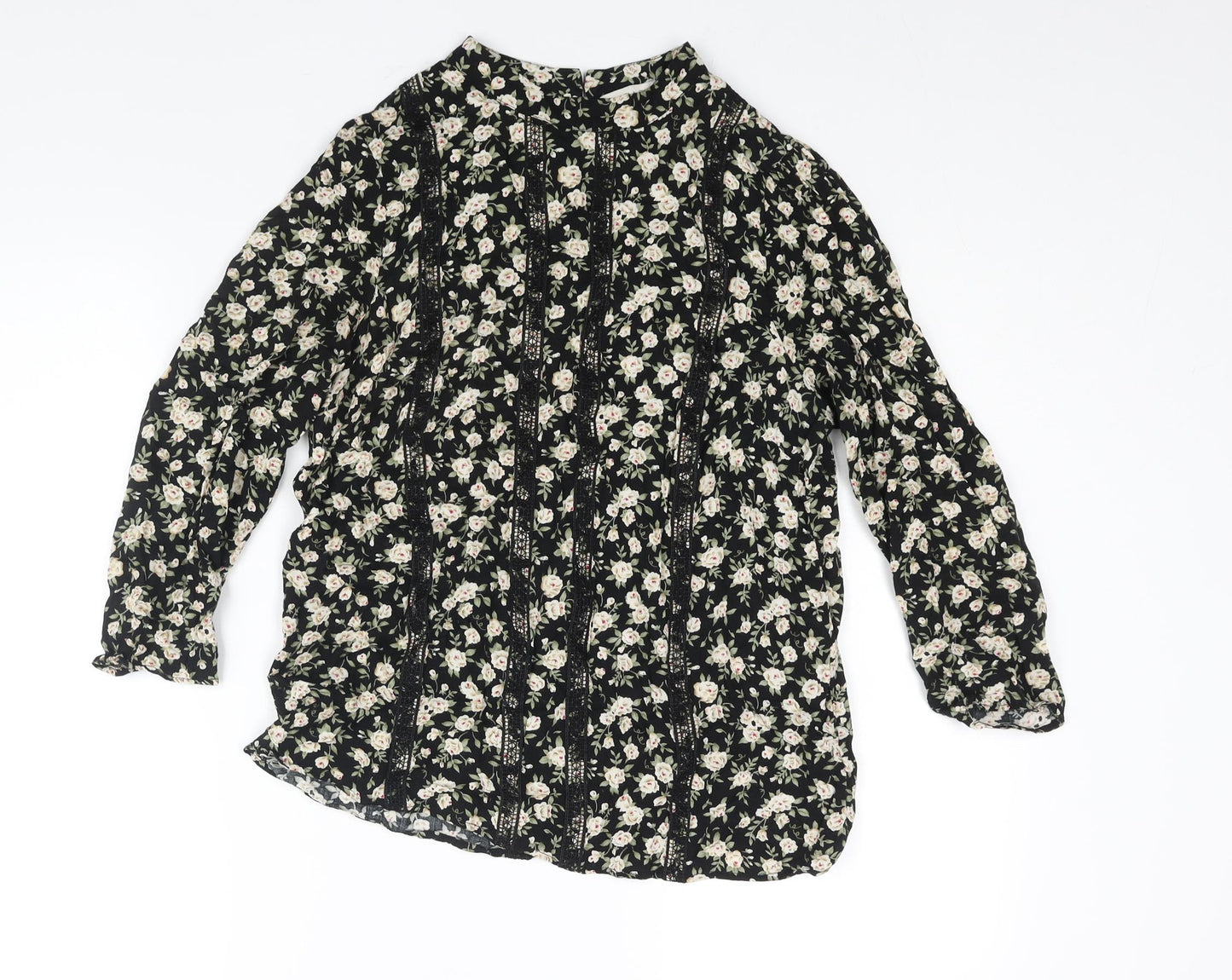 Oasis Womens Black Floral Viscose Basic Blouse Size 10 Mock Neck - Lace Trim Detail