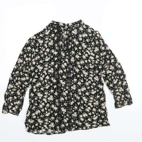 Oasis Womens Black Floral Viscose Basic Blouse Size 10 Mock Neck - Lace Trim Detail