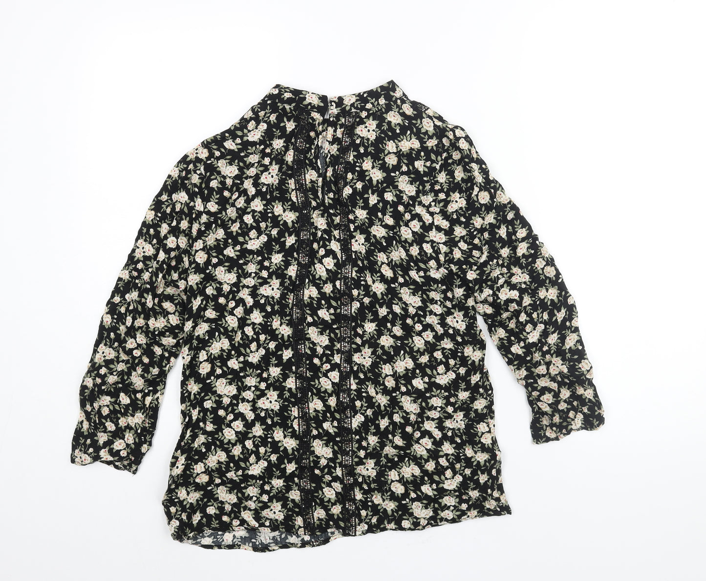 Oasis Womens Black Floral Viscose Basic Blouse Size 10 Mock Neck - Lace Trim Detail