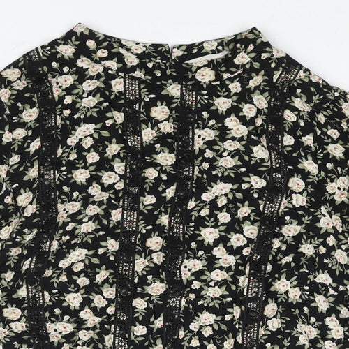Oasis Womens Black Floral Viscose Basic Blouse Size 10 Mock Neck - Lace Trim Detail