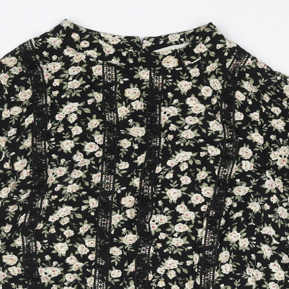 Oasis Womens Black Floral Viscose Basic Blouse Size 10 Mock Neck - Lace Trim Detail
