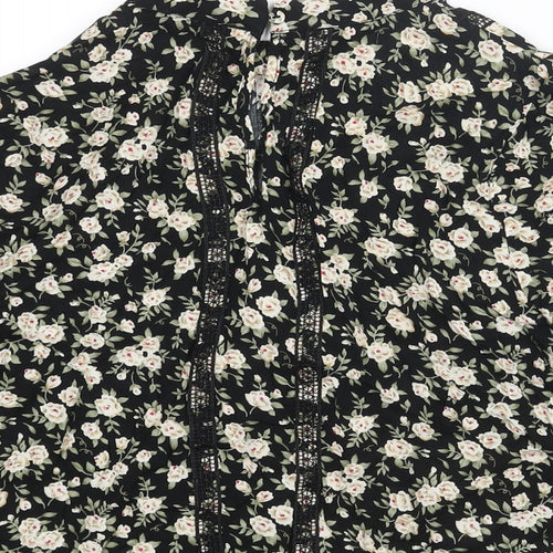 Oasis Womens Black Floral Viscose Basic Blouse Size 10 Mock Neck - Lace Trim Detail
