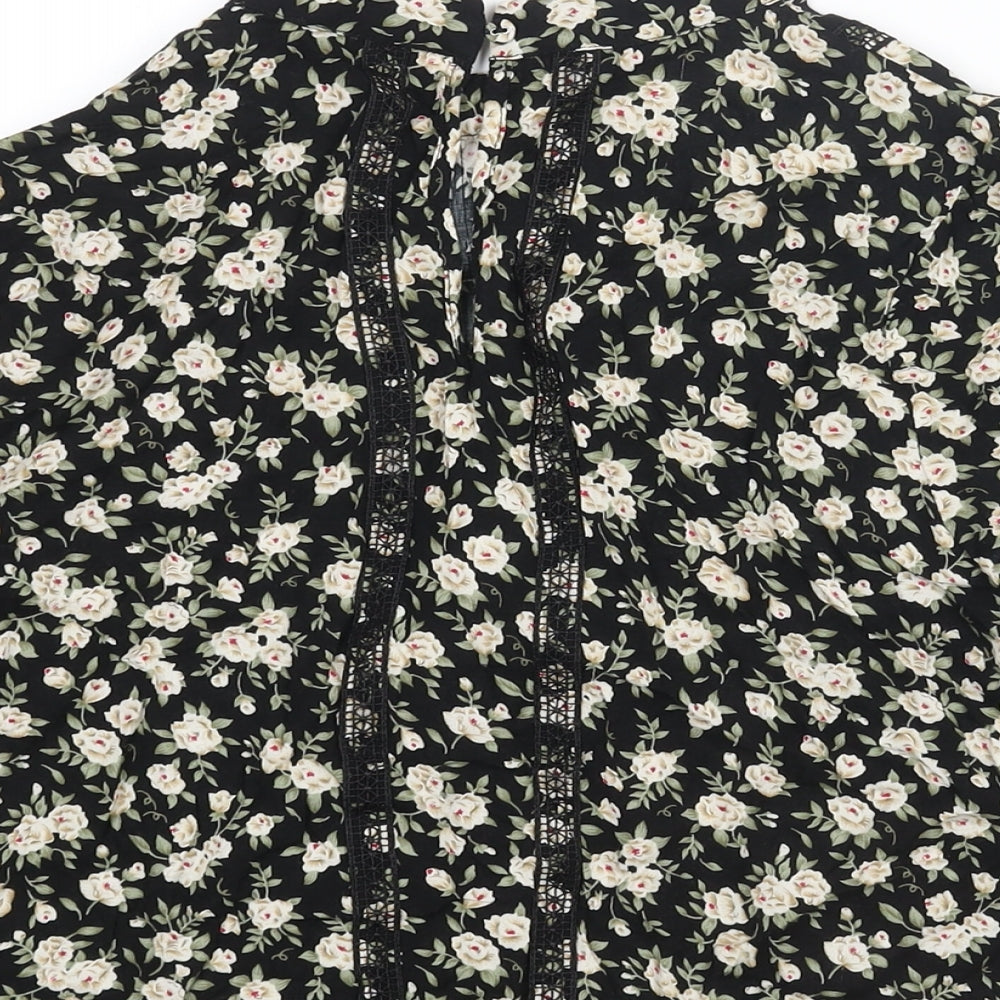 Oasis Womens Black Floral Viscose Basic Blouse Size 10 Mock Neck - Lace Trim Detail