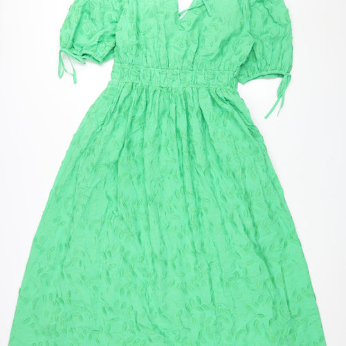 Marks and Spencer Womens Green Geometric Cotton Maxi Size 12 V-Neck Zip - Drawstring Sleeve Embroidered Leaf Pattern