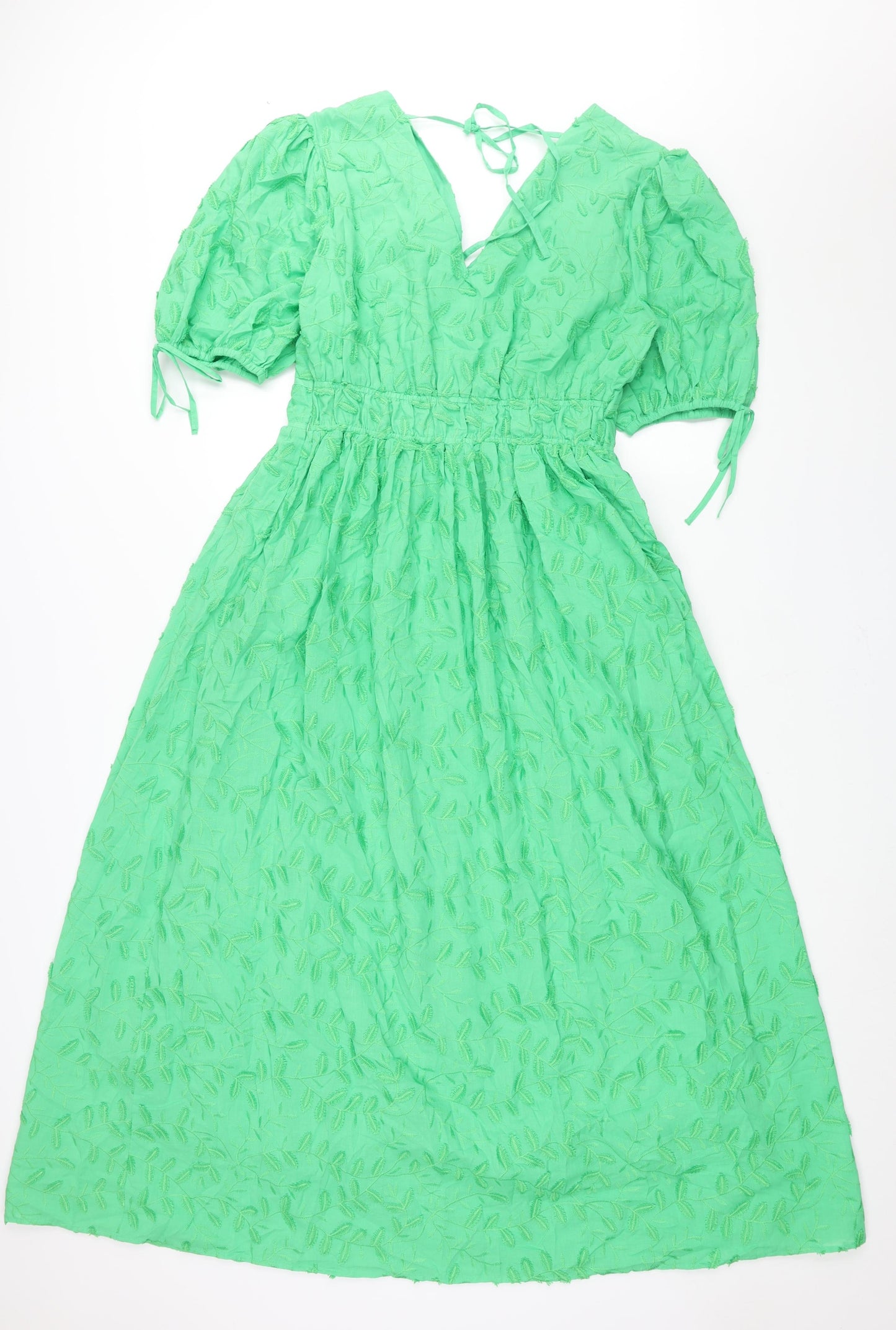 Marks and Spencer Womens Green Geometric Cotton Maxi Size 12 V-Neck Zip - Drawstring Sleeve Embroidered Leaf Pattern