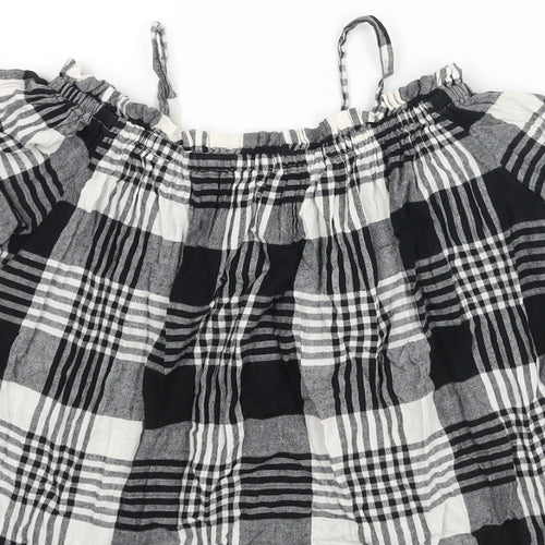 NEXT Girls Black Check Polyester Basic Blouse Size 10 Years Boat Neck Pullover - Cold Shoulder