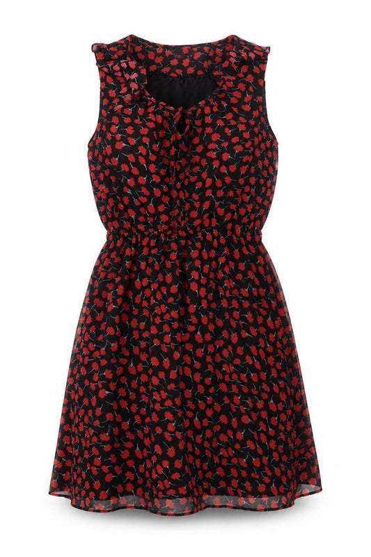Front view of Quiz women’s black geometric polyester a-line, size UK 12, v-neck pullover - frill bow