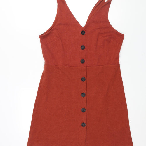 New Look Womens Brown Polyester Shift Size 14 V-Neck Button