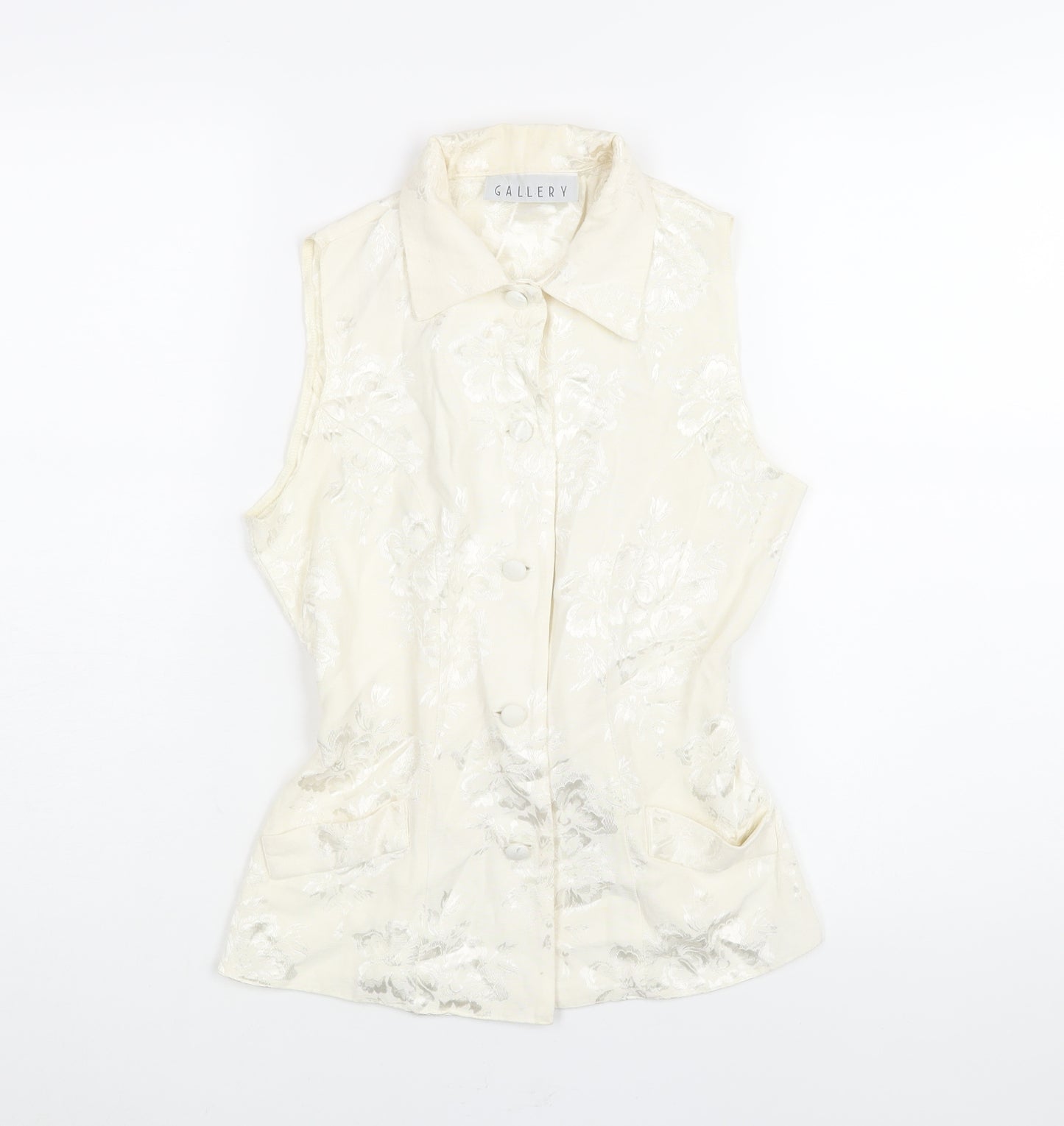 Gallery Womens Ivory Floral Cotton Camisole Blouse Size 8 Collared - Back Buckle Detail