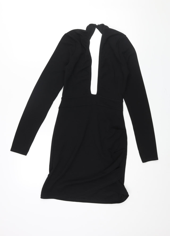 PRETTYLITTLETHING Womens Black Polyester Mini Size 8 V-Neck Button - Backless