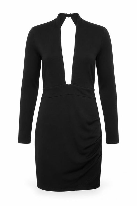 Front view of PRETTYLITTLETHING women’s black polyester mini, size UK 8, v-neck button - backless
