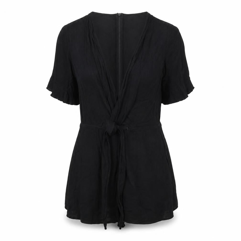 Front view of Missguided women’s black polyester playsuit one-piece, size UK 6, zip - tie detail