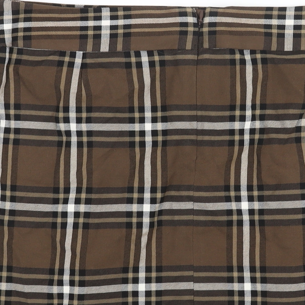 Marks and Spencer Womens Brown Check Polyester A-Line Skirt Size 14 Zip