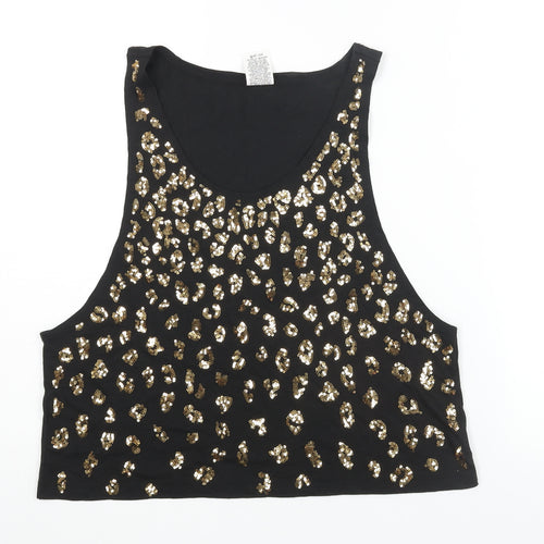 PINK Womens Black Cotton Basic Tank Size M Scoop Neck - Leopard Print Sequin