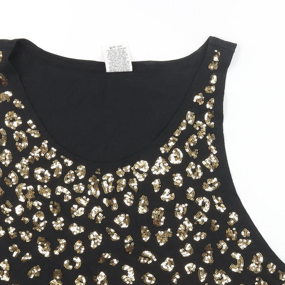 PINK Womens Black Cotton Basic Tank Size M Scoop Neck - Leopard Print Sequin