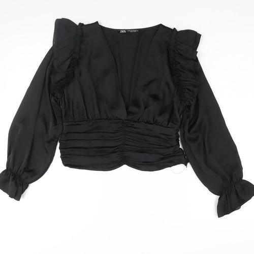 Zara Womens Black Polyester Cropped Blouse Size M V-Neck - Frill Rouched
