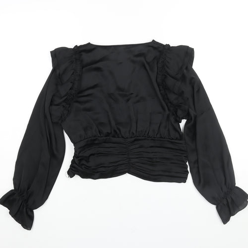 Zara Womens Black Polyester Cropped Blouse Size M V-Neck - Frill Rouched