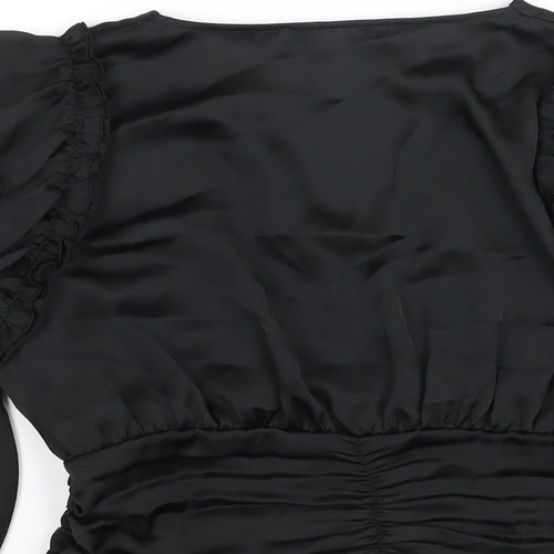 Zara Womens Black Polyester Cropped Blouse Size M V-Neck - Frill Rouched