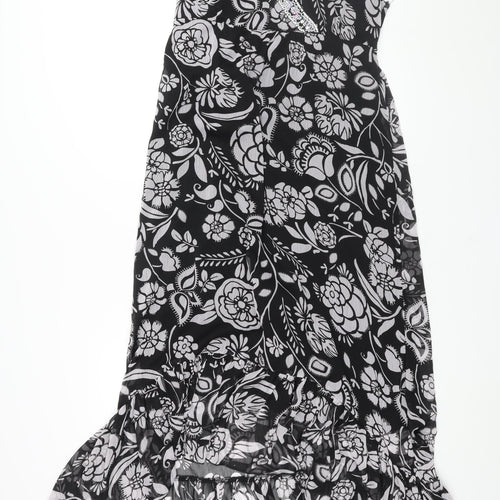 Wallis Womens Black Floral Polyester Maxi Size 14 V-Neck Pullover - Belted Frill Deading Detail