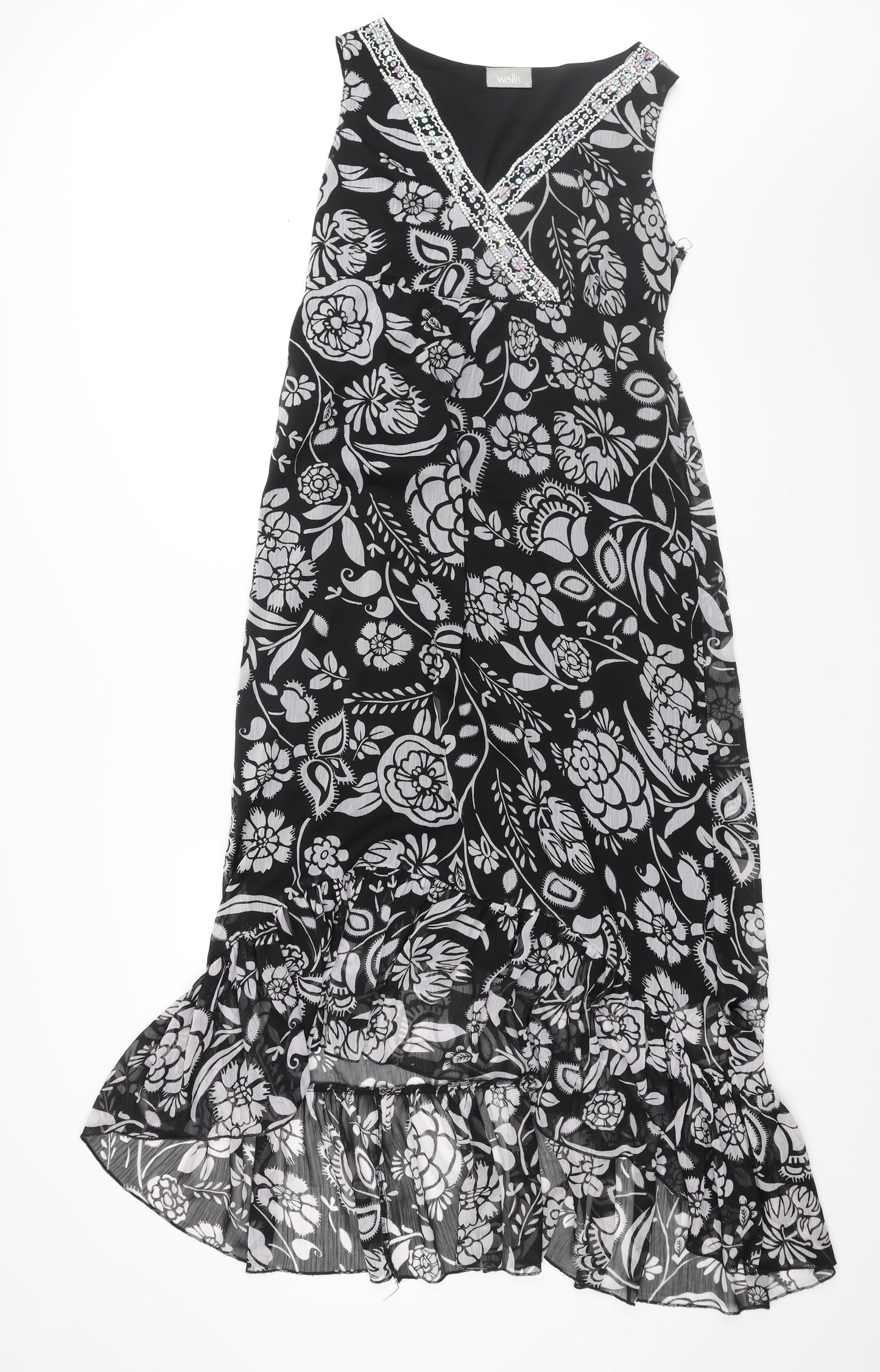 Wallis Womens Black Floral Polyester Maxi Size 14 V-Neck Pullover - Belted Frill Deading Detail