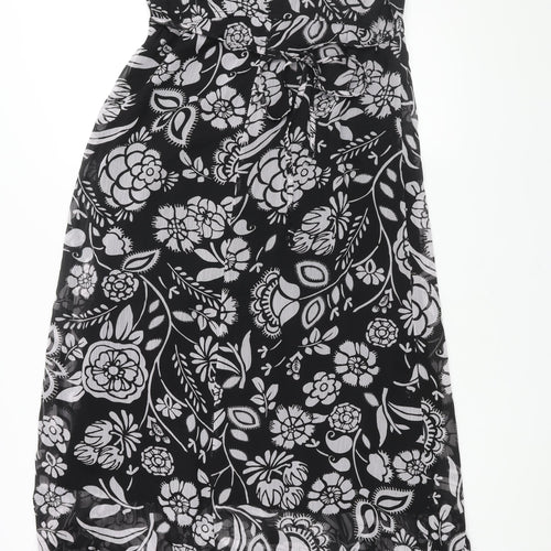 Wallis Womens Black Floral Polyester Maxi Size 14 V-Neck Pullover - Belted Frill Deading Detail