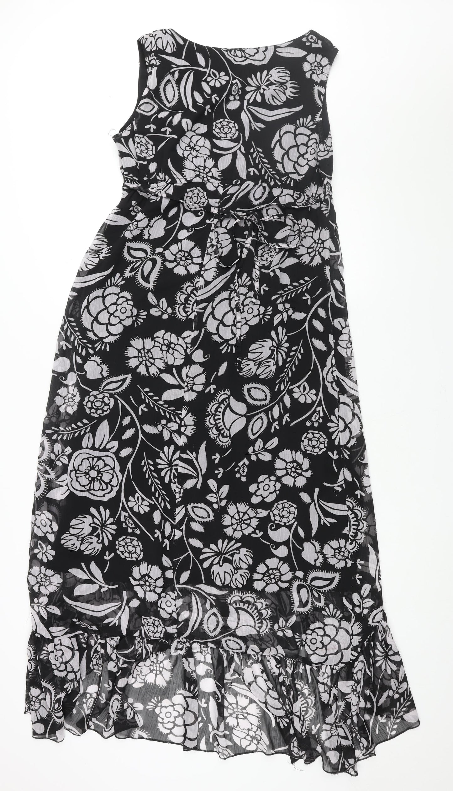 Wallis Womens Black Floral Polyester Maxi Size 14 V-Neck Pullover - Belted Frill Deading Detail