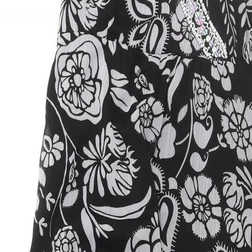 Wallis Womens Black Floral Polyester Maxi Size 14 V-Neck Pullover - Belted Frill Deading Detail