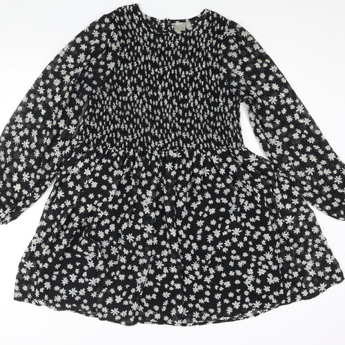 ASOS Womens Black Floral Polyester A-Line Size 8 Round Neck Zip - Rouched Bodice