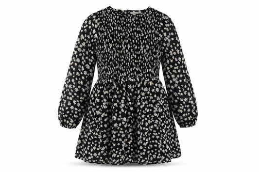 Front view of ASOS women’s black floral polyester a-line, size UK 8, round neck zip - rouched bodice