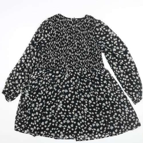 ASOS Womens Black Floral Polyester A-Line Size 8 Round Neck Zip - Rouched Bodice