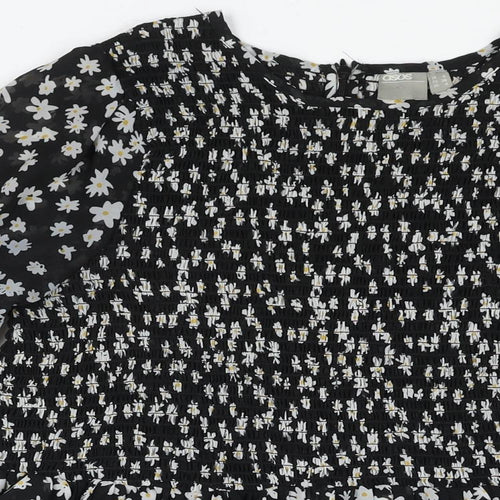ASOS Womens Black Floral Polyester A-Line Size 8 Round Neck Zip - Rouched Bodice