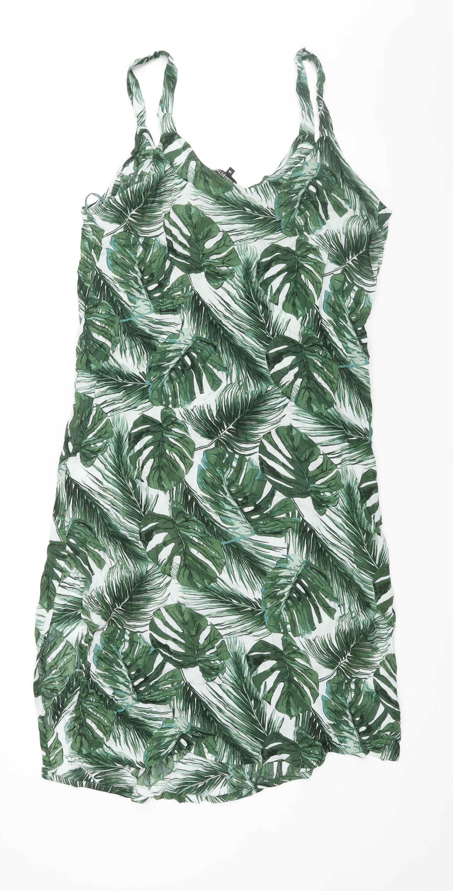 Debenhams Womens Green Geometric Viscose Shift Size 14 V-Neck Pullover - Side Slits Plant Print