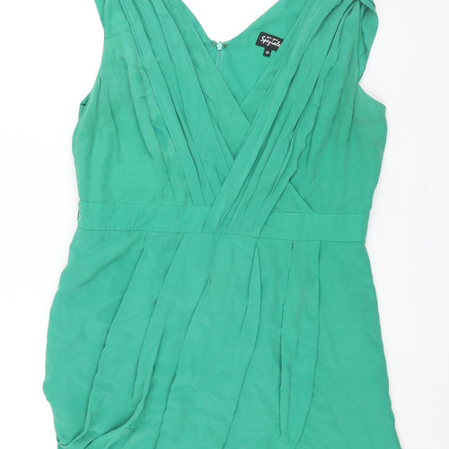 Per Una Womens Green Silk Shift Size 20 V-Neck Zip - Pleat Detail