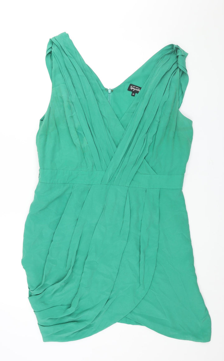 Per Una Womens Green Silk Shift Size 20 V-Neck Zip - Pleat Detail