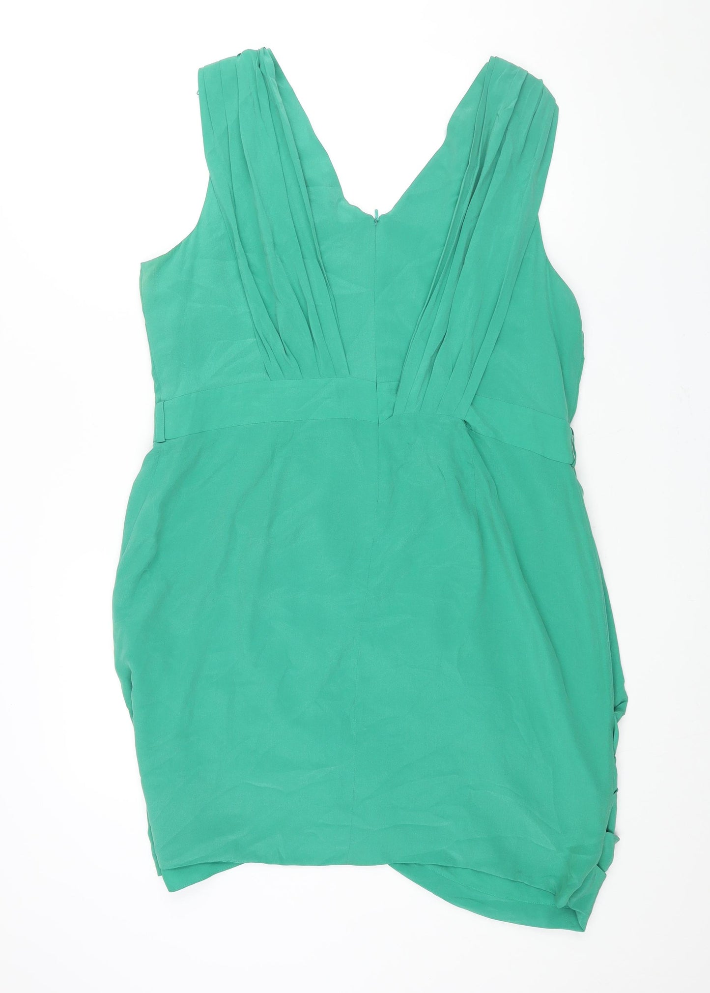 Per Una Womens Green Silk Shift Size 20 V-Neck Zip - Pleat Detail