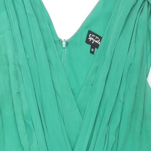 Per Una Womens Green Silk Shift Size 20 V-Neck Zip - Pleat Detail